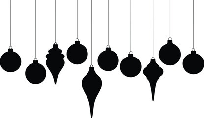 Elegant black silhouette hanging Christmas baubles, minimalist festive ornaments decoration border for modern holiday greeting card design vector illustration. © Laxman