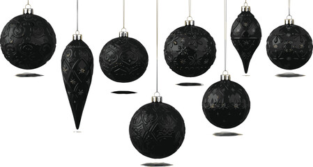Elegant realistic black Christmas baubles, glossy hanging ornaments set with decorative patterns for modern holiday greeting card, invitation, poster design vector illustration. © Laxman