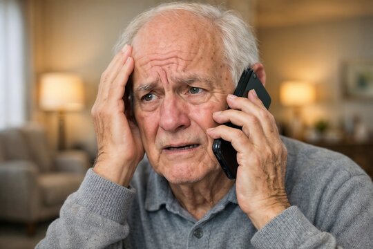 An elderly man experiencing stress or distress talking on the phone with a worried expression in a cozy living room setting