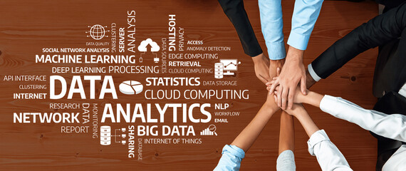 A dynamic visual representing collaboration in data analytics and cloud computing, showcasing hands and keywords associated with machine learning and internet technologies. Amity