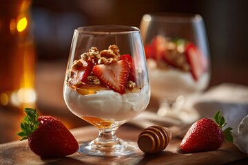 Low Calorie Greek Yogurt Parfait with Strawberries, Honey and Nuts, High Protein Diet Dessert for Fitness and Weight Loss