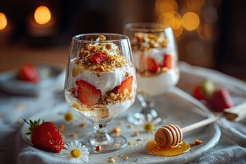Strawberry Greek Yogurt Parfait with Honey and Nuts, Elegant Healthy Dessert for Advertising, Menu and Packaging Design