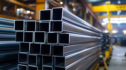 Close-up of stacked square metal tubing in a factory setting. The repetitive pattern creates a visually appealing industrial texture. Silver metal reflects the overhead lighting.