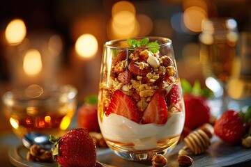 Greek Yogurt Parfait with Fresh Strawberries, Honey and Mixed Nuts in Glass, Healthy Dessert and Clean Eating Concept