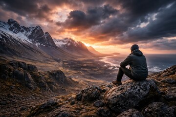 Solitary Hiker Sitting on Rocks Watching Sunset Over Mountain Valley with Snow-Capped Peaks and Dramatic Cloudy Sky