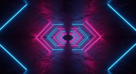 Repeating neon hexagonal light structures illuminate a dark concrete tunnel receding into the distance