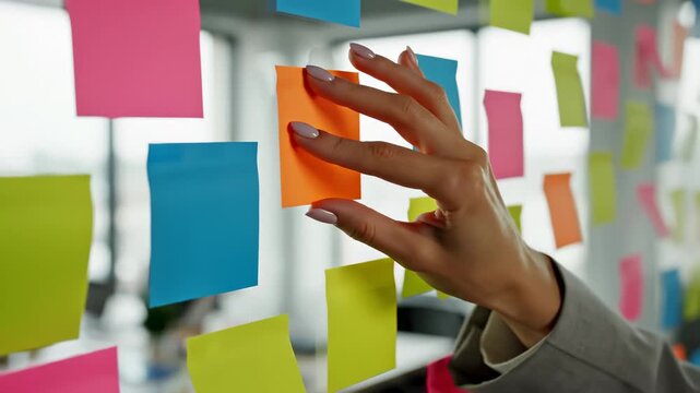Woman Sticking Colorful Sticky Notes on Glass Board in Office