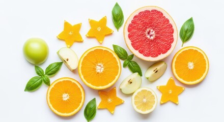 Vibrant assortment of fresh citrus fruits and green leaves on a white background.
