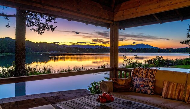 Serene Lakeside Pavilion at Sunset with Warm Golden Hour Light Reflecting on Calm Water and Distant Mountains - Powered by Adobe