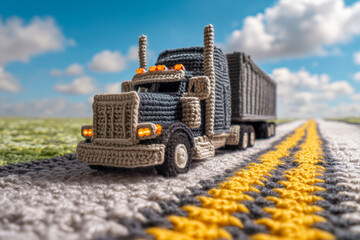 Crocheted commercial black semi truck driving on a road. Logistics, cargo freight service, goods delivery, e-commerce.