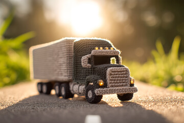 Crocheted commercial black semi cargo truck on a road. Logistics, cargo freight service, goods delivery, e-commerce.	