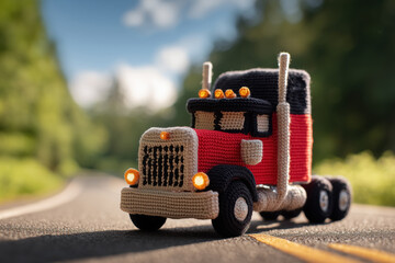 Crocheted commercial red semi truck on a road. Logistics, cargo freight service, goods delivery, e-commerce.	