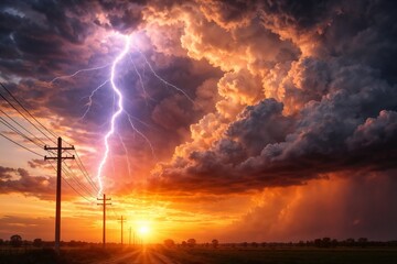 Dramatic lightning strike during a vibrant thunderstorm at sunset with dark storm clouds and electrical power lines