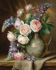 Oil painting still life of pink roses and purple lupine flowers in a textured vase © Safwan