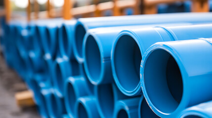 Stack of sturdy blue pipes neatly arranged, creating a visually pleasing pattern. Perfect for plumbing and construction projects. These pipes are ready for installation.