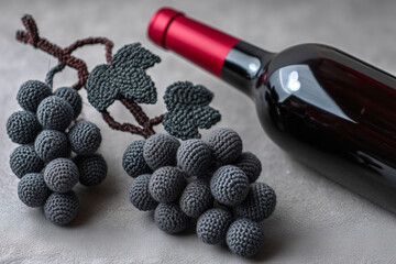 Crocheted bunches of black wine grapes and bottle of wine on grey table background.	