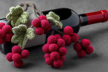 Crocheted bunches of red wine grapes and bottle of wine.  