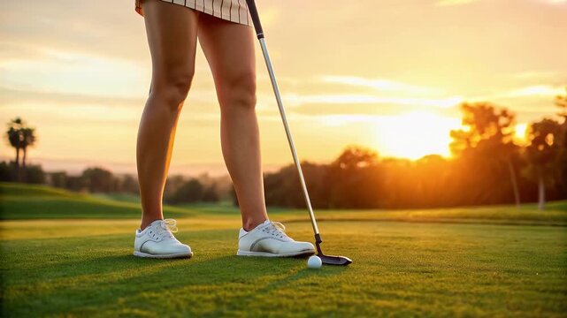 Golf woman sunset course green grass club ball sporty calm focus balance natural light serene silhouette green fairway with putter poised near ball