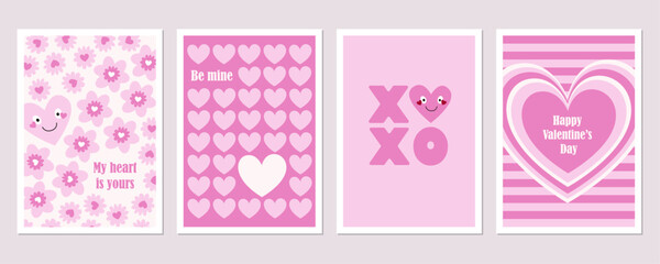 Set of cute Valentine&rsquo;s Day cards with hearts, love patterns, XO letters and romantic symbols in pink color palette