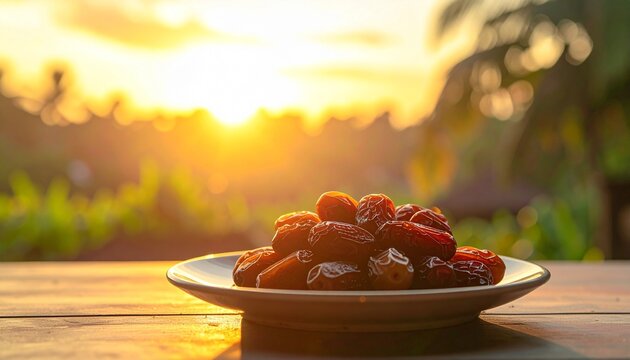 Minimalist food photography of dates served on a plain ceramic plate at sunset, symbolizing Indonesian buka puasa tradition, ideal for Ramadan, culture, and lifestyle food concepts.