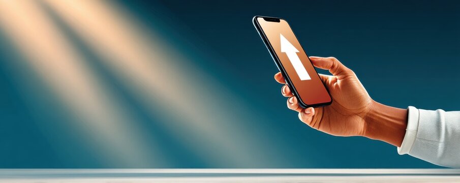 Hand holding smartphone with upward arrow on screen, symbolizing growth, digital progress, and mobile success - Powered by Adobe