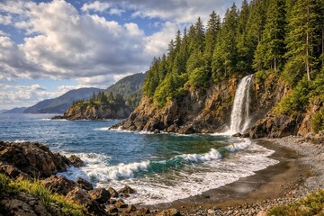 Scenic wilderness coastal landscape with cascading waterfall, rocky shore, dense evergreen forest, and ocean waves under partly cloudy sky