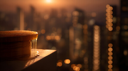 Honey Dripping on City Skyline: A close-up showcases a wooden bowl brimming with golden honey, its viscous strands cascading over the edge, set against a blurred.