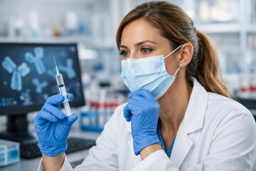 Female Scientist Preparing to Inject Vaccine in Laboratory with Medical Equipment and Computer Monitors in Background