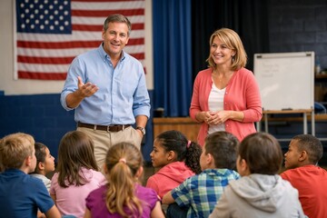 Male Teacher Giving a Talk to a Diverse Group of Elementary School Students in a Classroom Setting