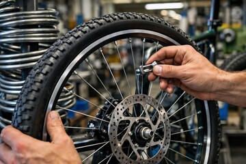 Close-up of a mechanic installing or repairing a bicycle wheel with disc brake on bicycle repair shop workbench
