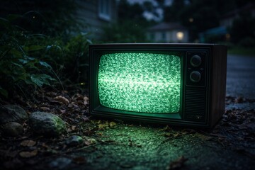 Old Vintage Television with Static Screen in Outdoor Setting at Night