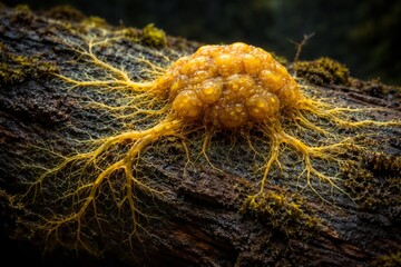 Close-up of a Yellow Mushrooms with Glistening Surface on a Decaying Log in a Forest Setting