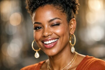 Close-up of a Smiling Young African-American Woman Winking and Wearing Gold Hoop Earrings and Necklace in a Warm Indoor Setting