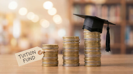 Financial aid college savings concept with stacked coin towers and graduation cap showing education funding and student support
