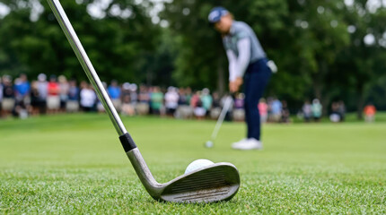 Golf woman putting on green with club and ball during tournament crowd in background
