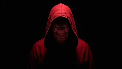 A mysterious person wearing a red hoodie and a ski mask stands in the dark