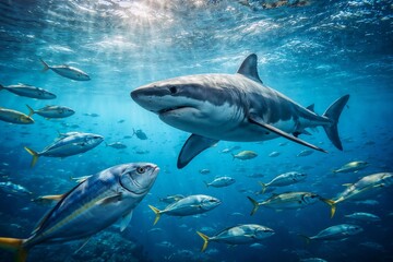 Underwater Scene with Reef Shark and School of Fish Swimming in Ocean
