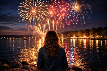 Woman Watching Fireworks Display Over a Lake at Night with Celebratory Lighting and Reflection