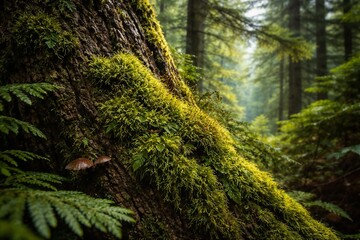 Close-up of moss-covered tree trunk in lush green forest with sun rays filtering through the trees