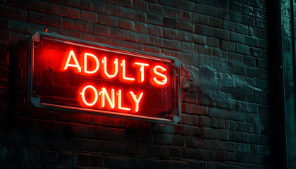 Red neon sign with text adults only glows brightly on brick wall at night. Illuminated nightlife sign signals club or bar entry