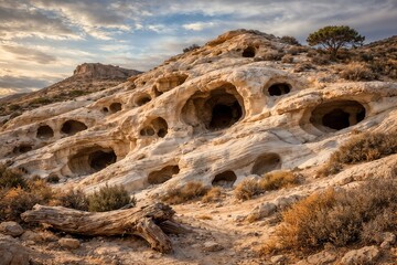 Scenic landscape of eroded white sandstone formations with numerous caves and crevices in a desert-like terrain at sunset, featuring sparse vegetation and a dramatic sky