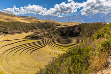 Moray terraces in Peru, Cusco Incas sacred valley of Incas cultural and historical archeological heritage of South America. Green terraces in Andes mountains. Moray circular terraces historical sight © Yuliia