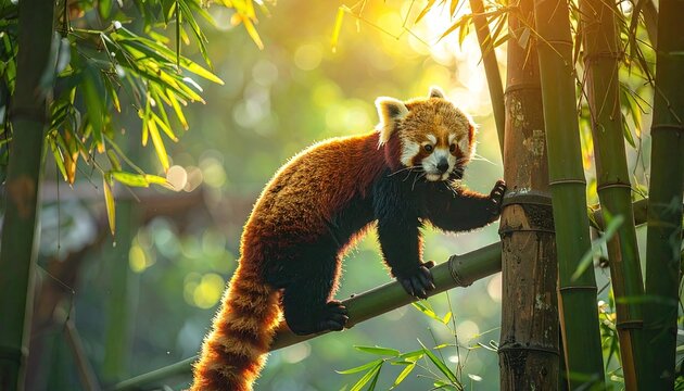 Red Panda Climbs Bamboo Tree in Sunlit Forest with Golden Hour Lighting - Powered by Adobe