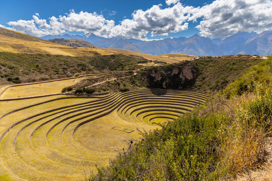 Moray terraces in Peru, Cusco Incas sacred valley of Incas cultural and historical archeological heritage of South America. Green terraces in Andes mountains. Moray circular terraces historical sight