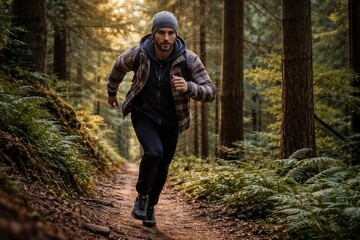 Young Man Running Through Forest Trail During Autumn with Sunlight Filtering Through Trees