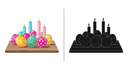 Colorful easter eggs and lit candles alongside a black and white silhouette