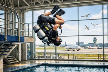 Diver Performing Indoor Acrobatic Flip at Airport Terminal with Airplanes and Seagulls in the Background