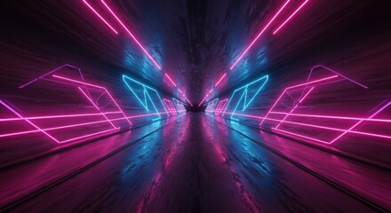 Fluorescent geometric lines illuminate a dark, textured subterranean passage receding into the distance.