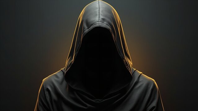 A mysterious hooded figure stands in a dark environment with a subtle glow