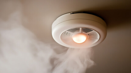 White smoke detector activated, detects dangerous fumes. Important safety device. Early detection can save lives, reduce risks. Install detectors now.